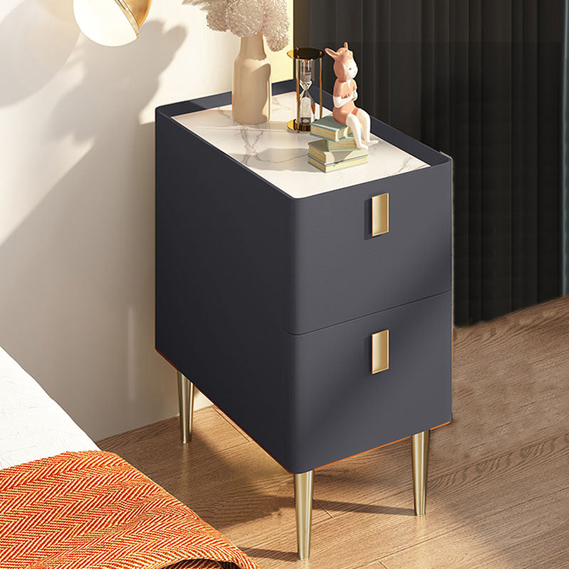 Contemporary Solid Wood Nightstand 2-Drawer Stone Top Night Table