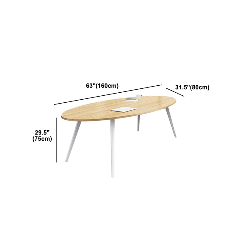 Oval Wooden Writing Desk Office Natural Desktop Desk with White Parsons Table Leg