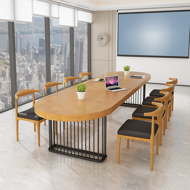 Natural Oval Solid Wood Desk Industrial Writing Desk with Black Steel Table Leg