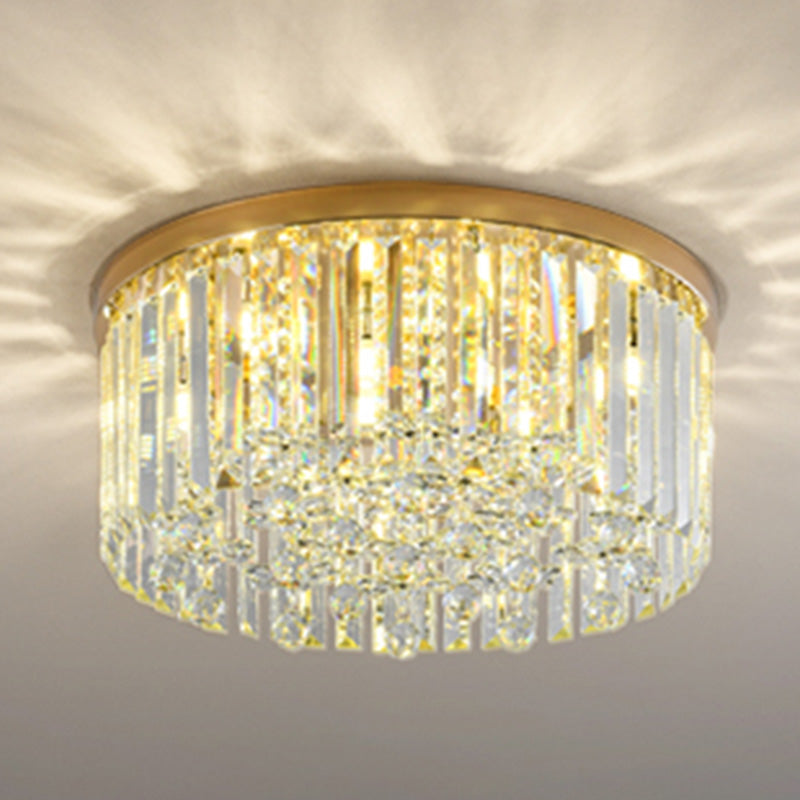 Contemporary Cylinder Flush Light Fixture Crystal 9 Light Flush Ceiling Light