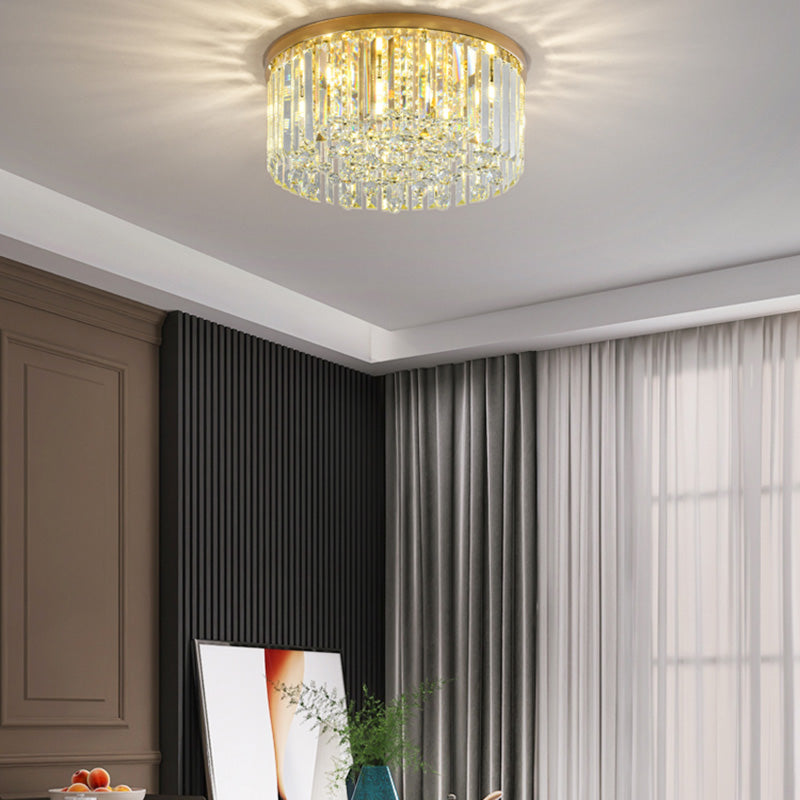 Contemporary Cylinder Flush Light Fixture Crystal 9 Light Flush Ceiling Light