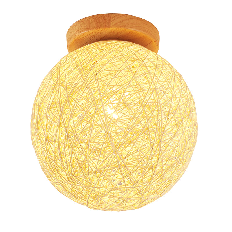 Ball Shape Ceiling Lamp Asian Style Rattan 1 Light Flush Mount for Aisle Corridor