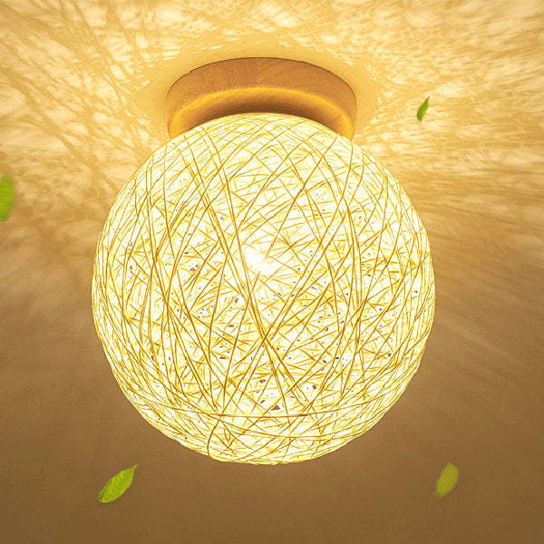 Ball Shape Ceiling Lamp Asian Style Rattan 1 Light Flush Mount for Aisle Corridor