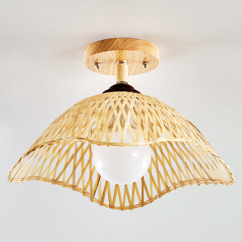 Cone Shape Ceiling Lamp Asian Style Bamboo 1 Light Flush Mount for Bedroom