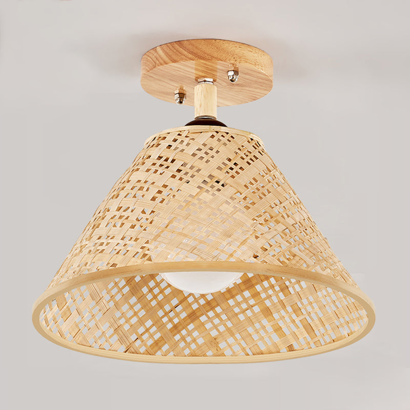 Cup Shape Ceiling Lamp Asian Style Rattan 1 Light Flush Mount for Bedroom