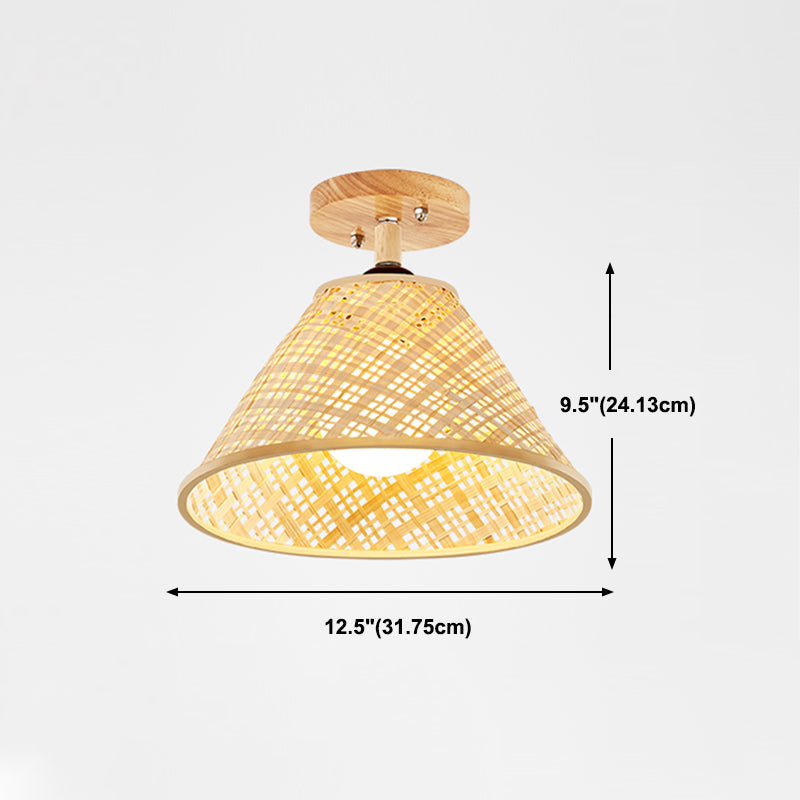 Cup Shape Ceiling Lamp Asian Style Rattan 1 Light Flush Mount for Bedroom