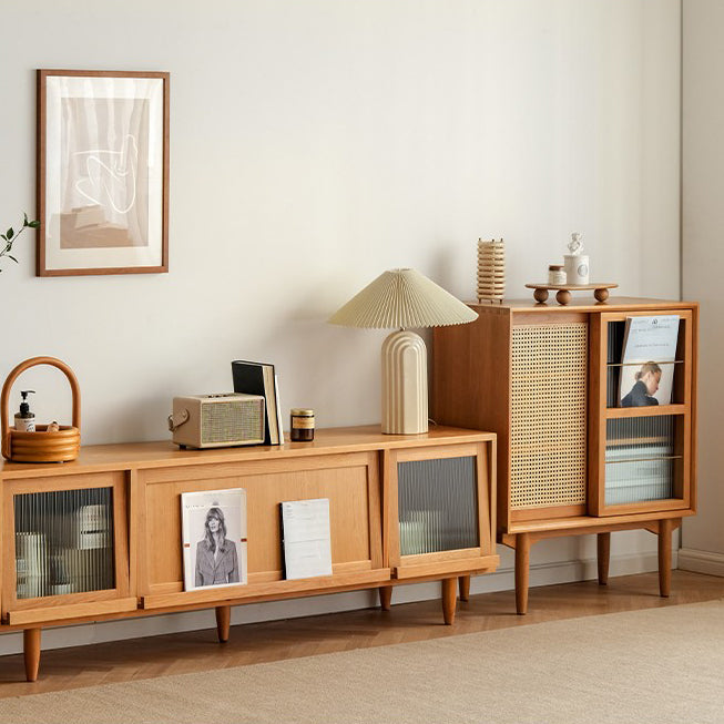 Sliding Glass Door Wood Sideboard Modern Server Cabinet with Storage for Dining Room