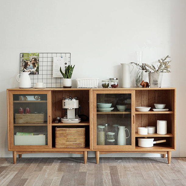 Glass Door Pine Wood Sideboard Modern Server Cabinet with Storage for Dining Room