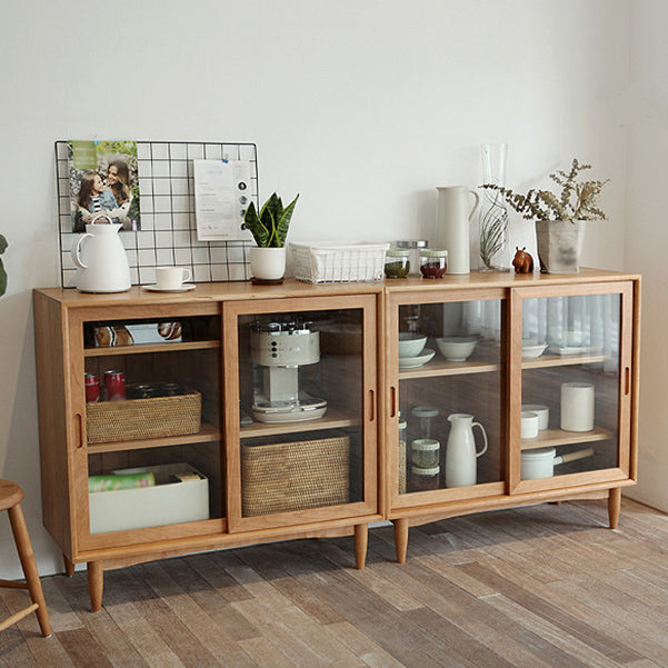 Glass Door Pine Wood Sideboard Modern Server Cabinet with Storage for Dining Room