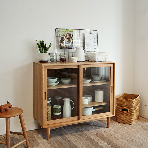 Glass Door Pine Wood Sideboard Modern Server Cabinet with Storage for Dining Room