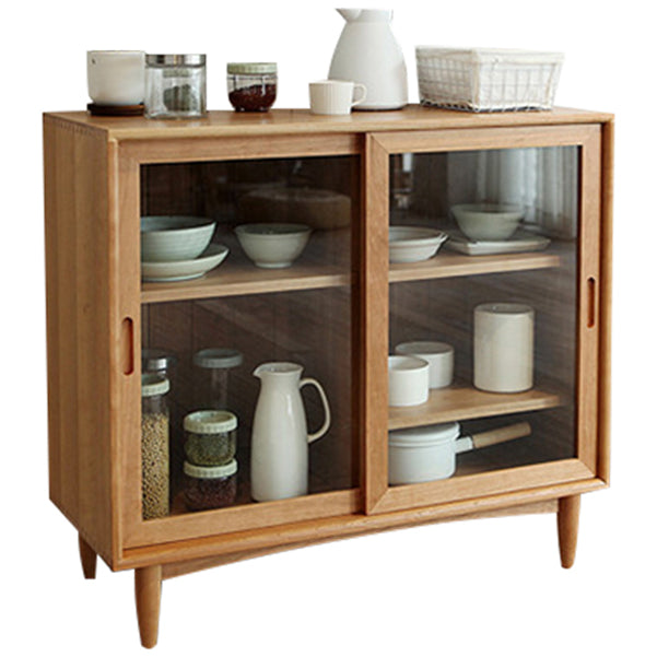 Glass Door Pine Wood Sideboard Modern Server Cabinet with Storage for Dining Room