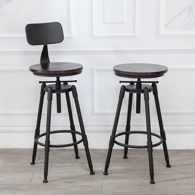 Industrial Metal Stool Wood Round Seat Adjustable Counter Stool in Matte Finish