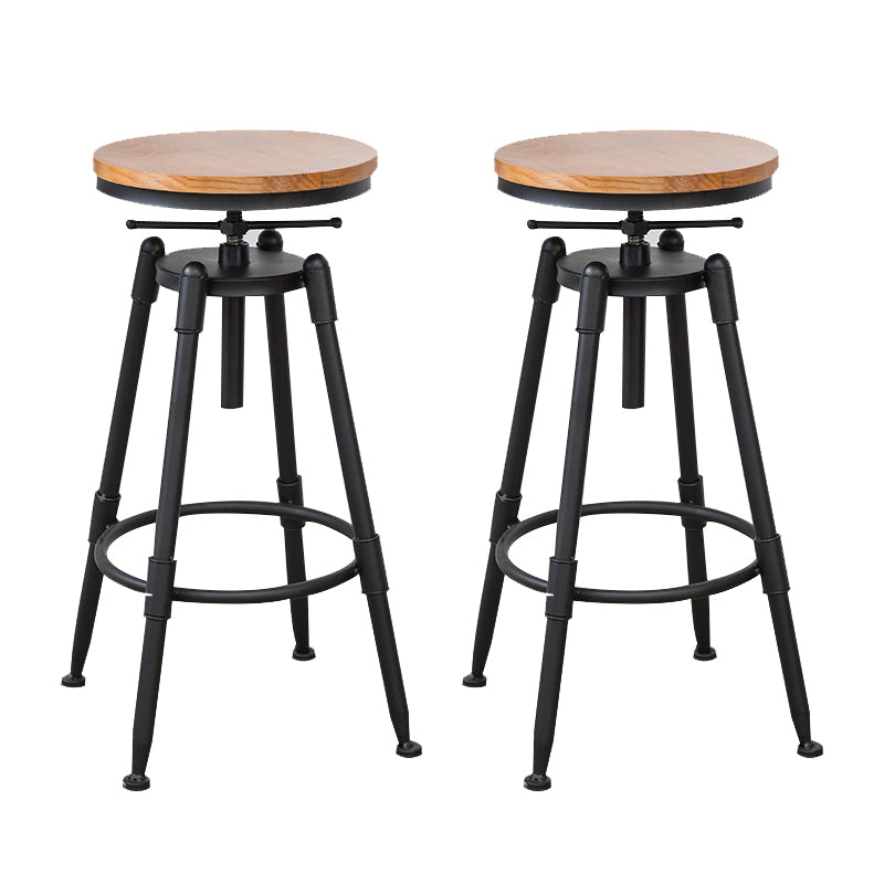 Industrial Metal Stool Wood Round Seat Adjustable Counter Stool in Matte Finish