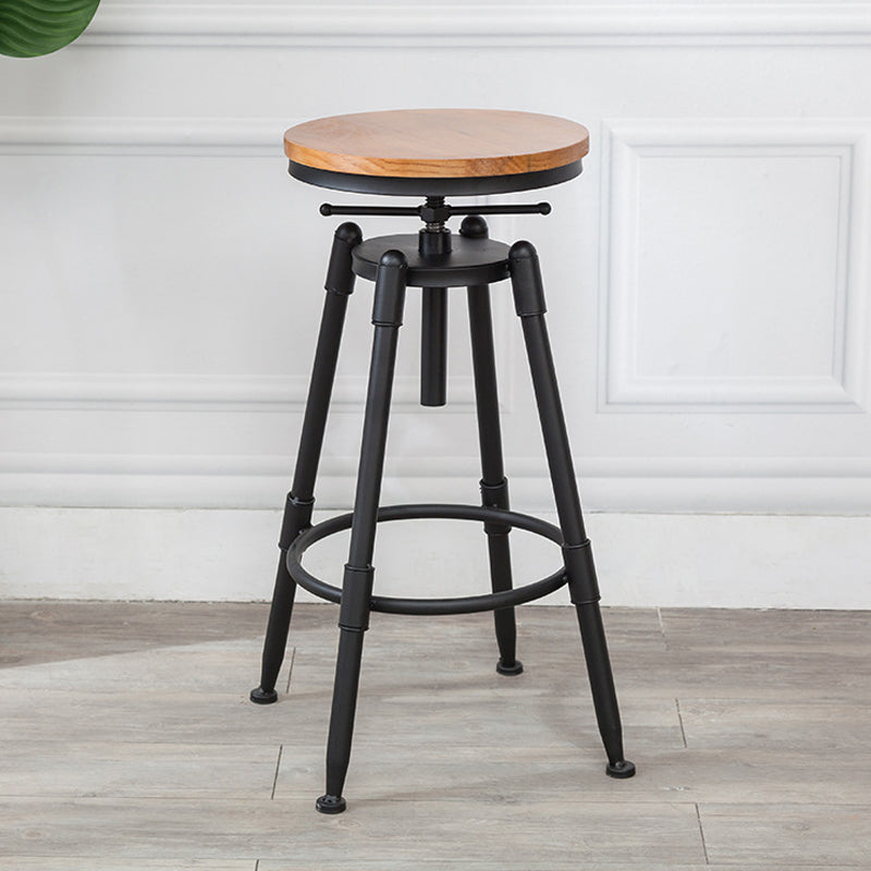 Industrial Metal Stool Wood Round Seat Adjustable Counter Stool in Matte Finish