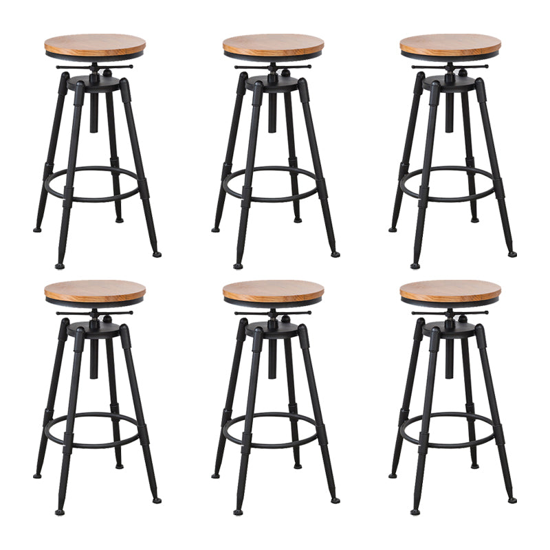 Industrial Metal Stool Wood Round Seat Adjustable Counter Stool in Matte Finish