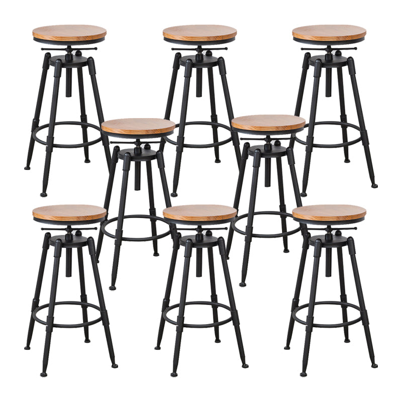 Industrial Metal Stool Wood Round Seat Adjustable Counter Stool in Matte Finish