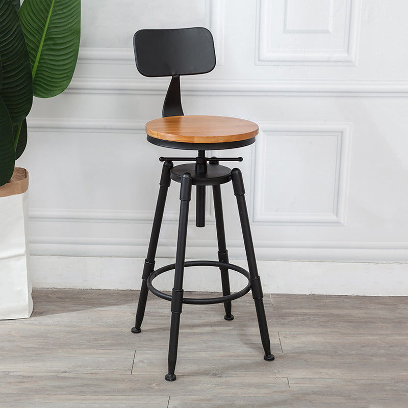 Industrial Metal Stool Wood Round Seat Adjustable Counter Stool in Matte Finish