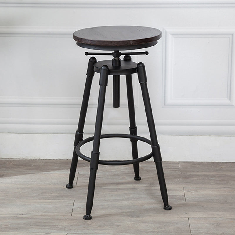 Industrial Metal Stool Wood Round Seat Adjustable Counter Stool in Matte Finish