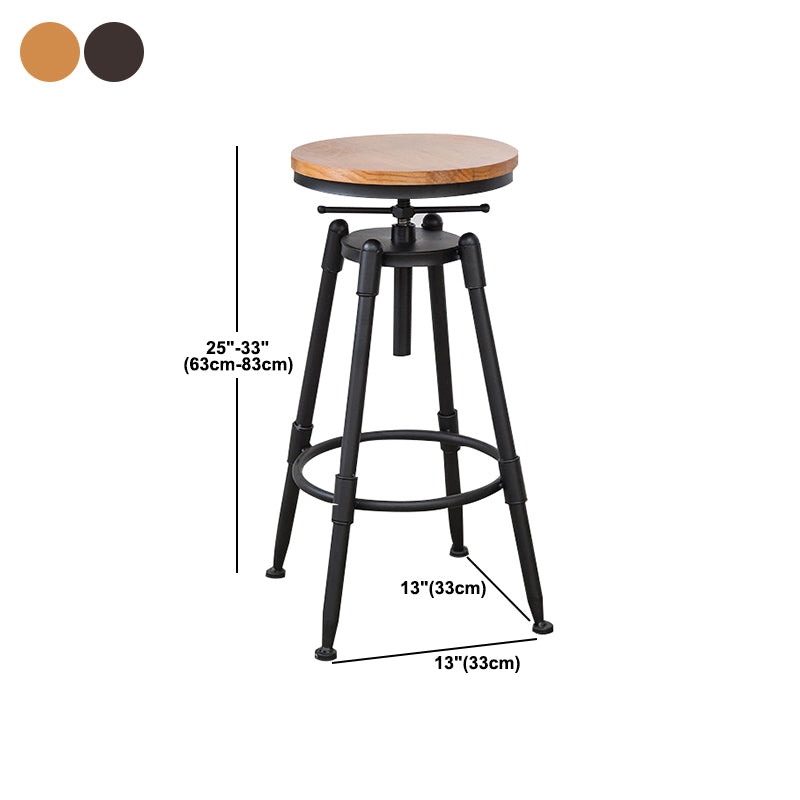 Industrial Metal Stool Wood Round Seat Adjustable Counter Stool in Matte Finish