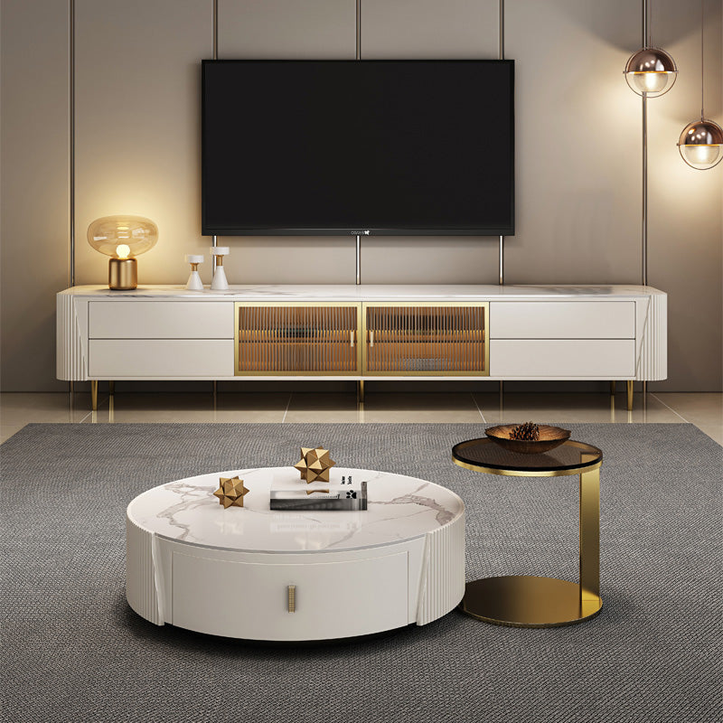 Glam Stone TV Media Console Enclosed Storage TV Stand in White