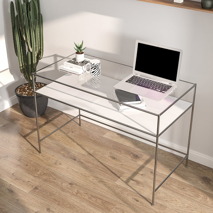 Contemporary Rectangular Writing Desk Glass H-Shape Office Desk