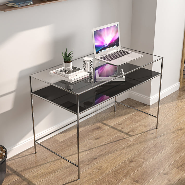 Contemporary Rectangular Writing Desk Glass H-Shape Office Desk