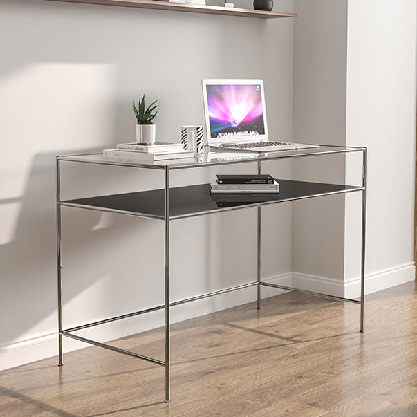 Contemporary Rectangular Writing Desk Glass H-Shape Office Desk