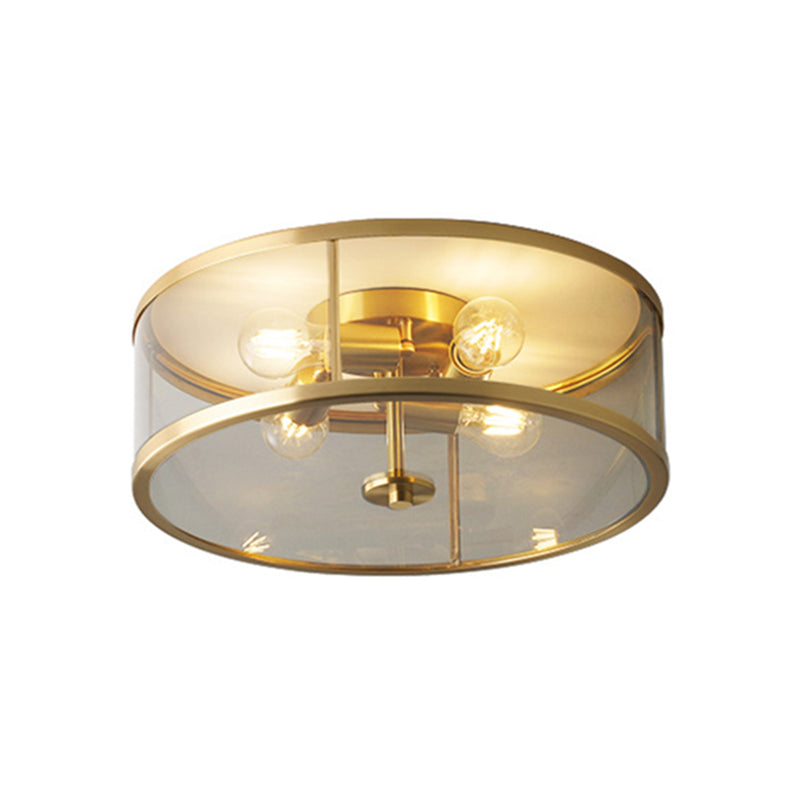 Colonial Cylinder Flush Light Fixture Glass 4 Light Flush Mount Ceiling Fixture in Gold