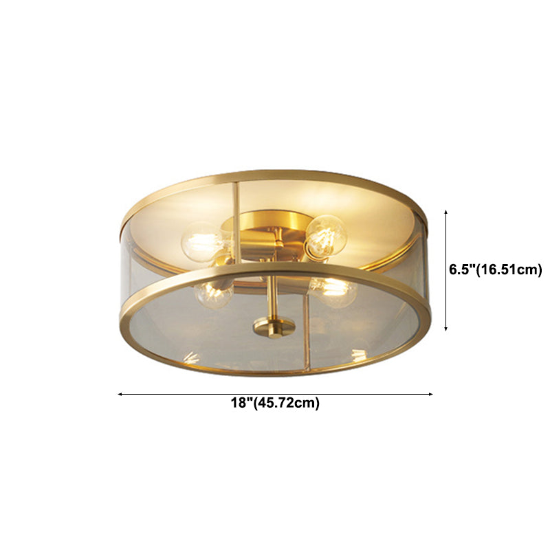 Colonial Cylinder Flush Light Fixture Glass 4 Light Flush Mount Ceiling Fixture in Gold