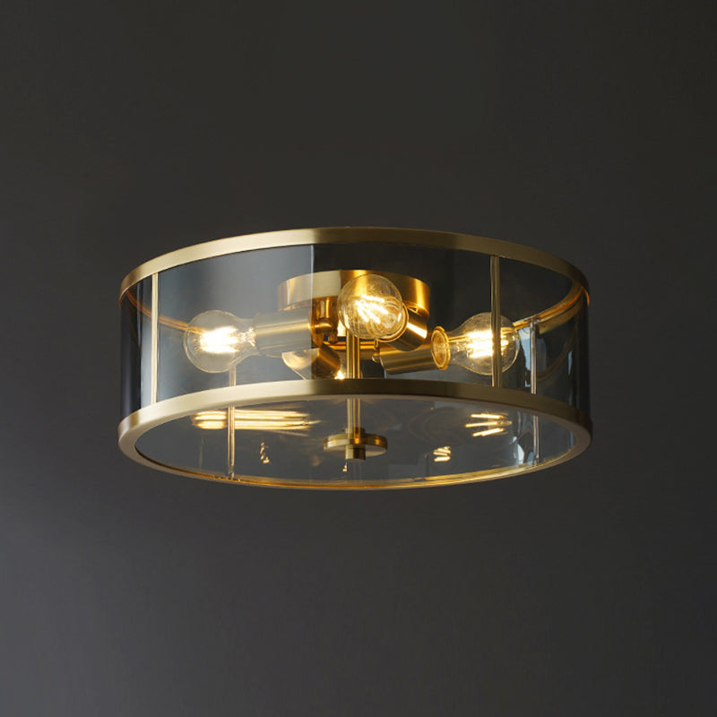 Colonial Cylinder Flush Light Fixture Glass 4 Light Flush Mount Ceiling Fixture in Gold