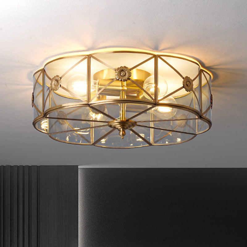 Colonial Flower-Shaped Flush Light Glass 4 Light Flush Mount Ceiling Fixture in Gold