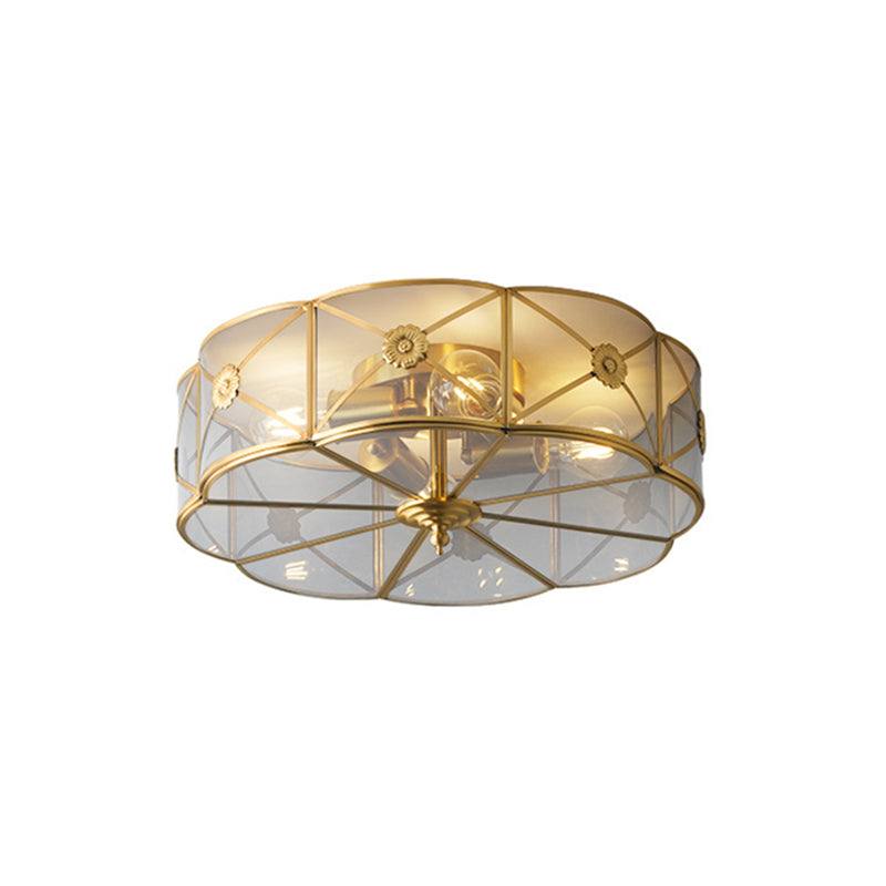 Colonial Flower-Shaped Flush Light Glass 4 Light Flush Mount Ceiling Fixture in Gold