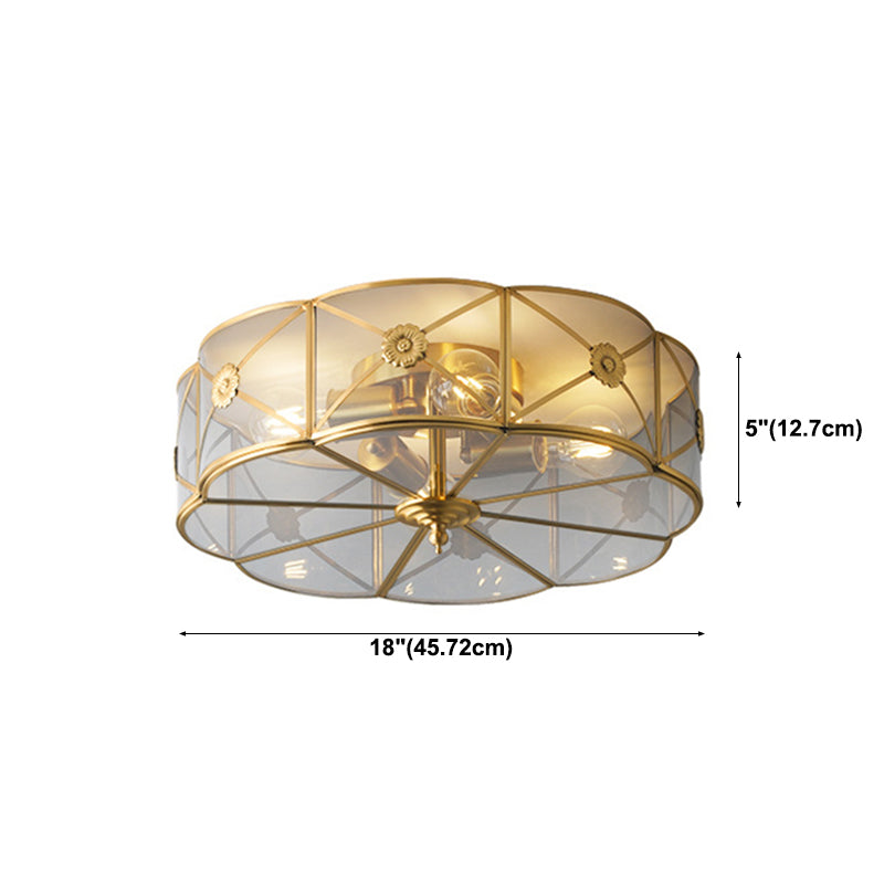 Colonial Flower-Shaped Flush Light Glass 4 Light Flush Mount Ceiling Fixture in Gold