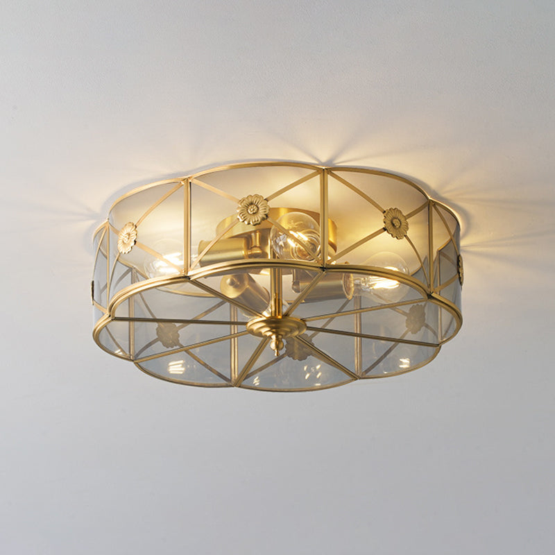 Colonial Flower-Shaped Flush Light Glass 4 Light Flush Mount Ceiling Fixture in Gold