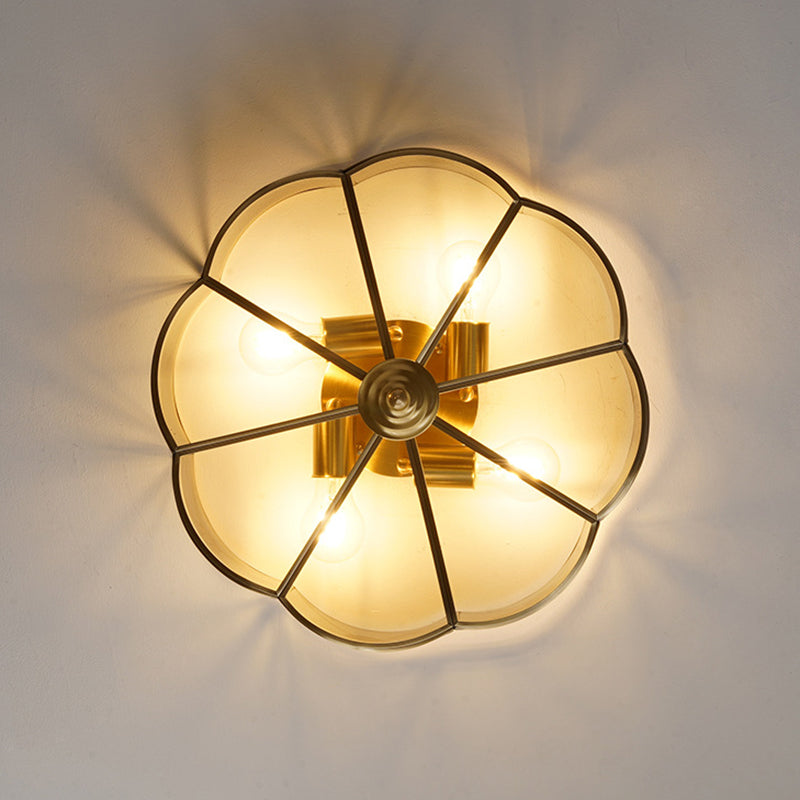 Colonial Flower-Shaped Flush Light Glass 4 Light Flush Mount Ceiling Fixture in Gold