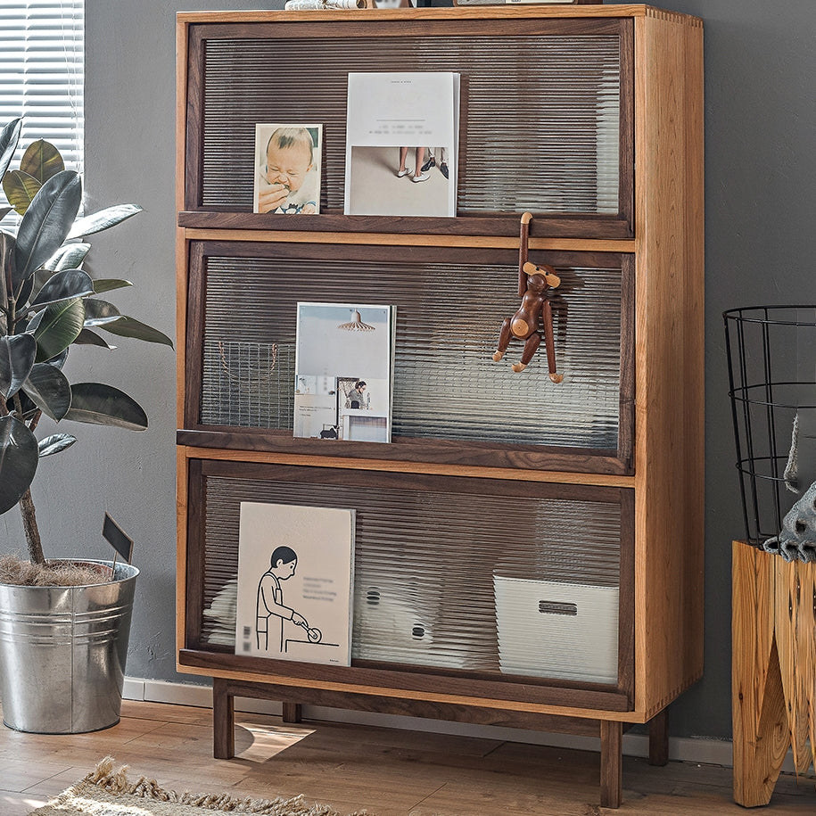 Glass Door Pine Wood Sideboard Modern Server Cabinet with Storage for Kitchen