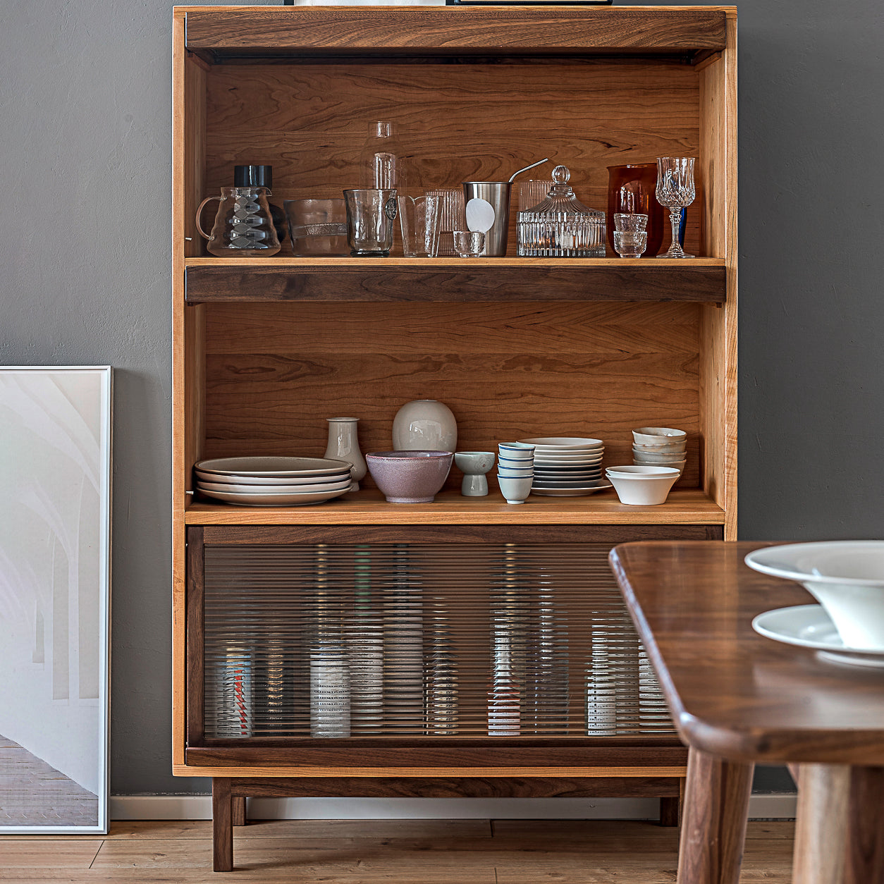 Glass Door Pine Wood Sideboard Modern Server Cabinet with Storage for Kitchen