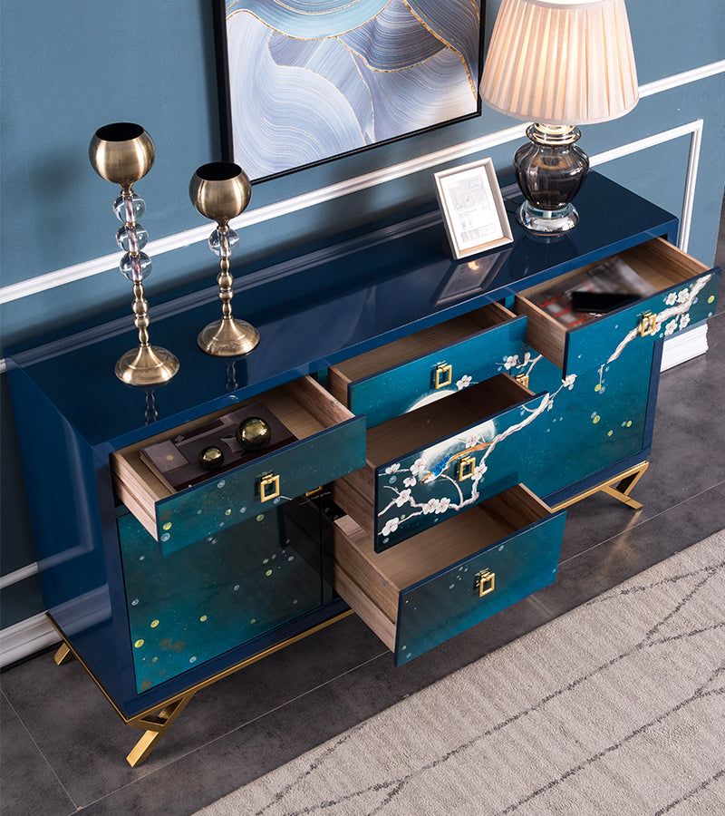 Glam Birch Wood Sideboard Adjustable Shelving Cabinet Credenza with Drawer for Living Room