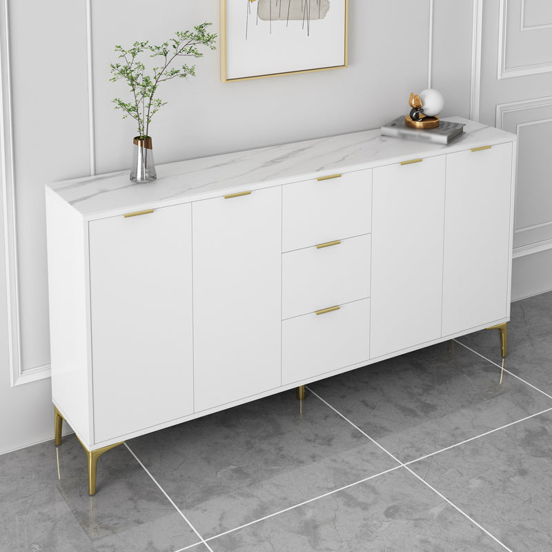 3-Drawer White Wood Sideboard Glam Adjustable Shelving Credenza with Stone for Living Room