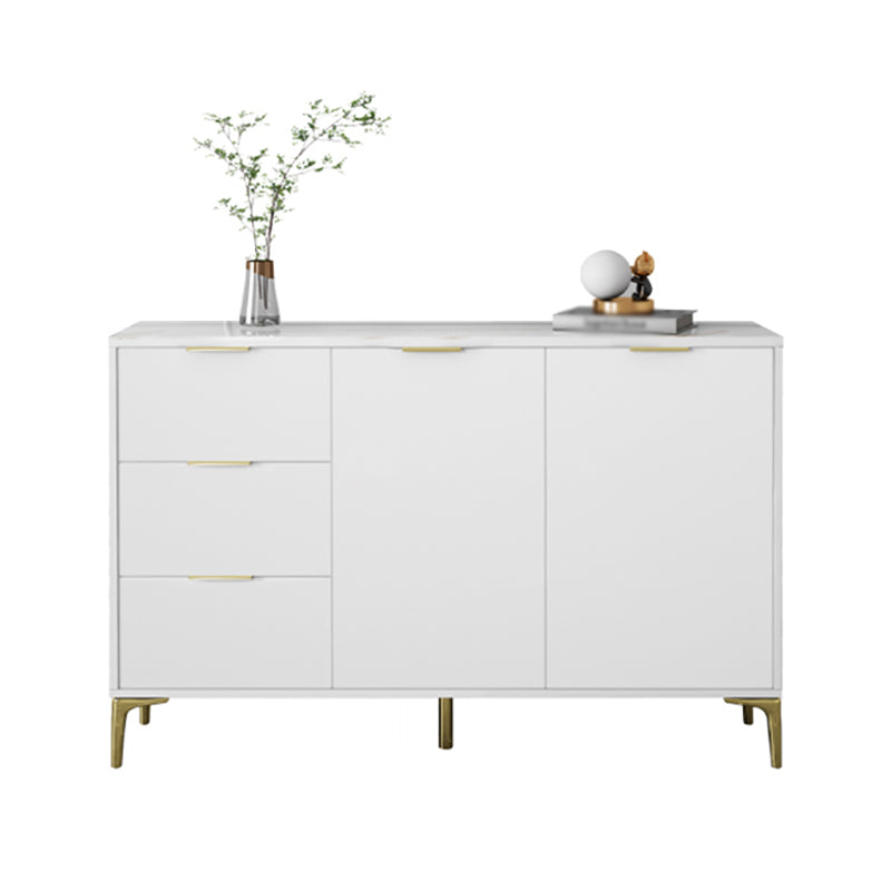 3-Drawer White Wood Sideboard Glam Adjustable Shelving Credenza with Stone for Living Room