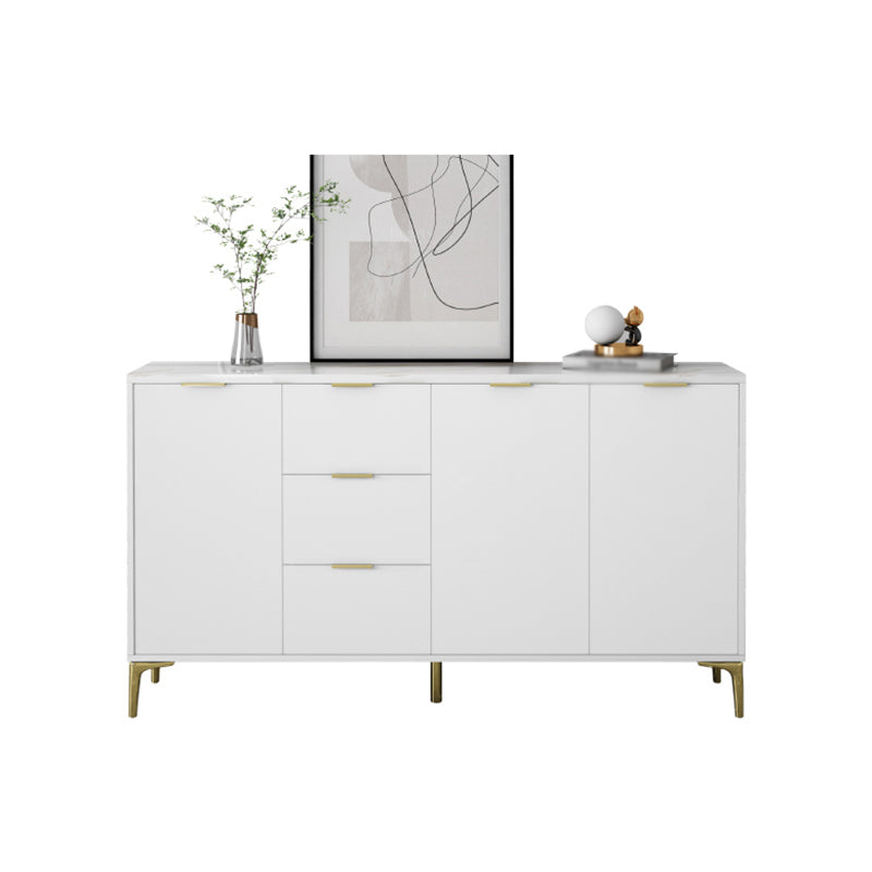 3-Drawer White Wood Sideboard Glam Adjustable Shelving Credenza with Stone for Living Room