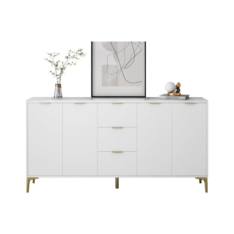 3-Drawer White Wood Sideboard Glam Adjustable Shelving Credenza with Stone for Living Room