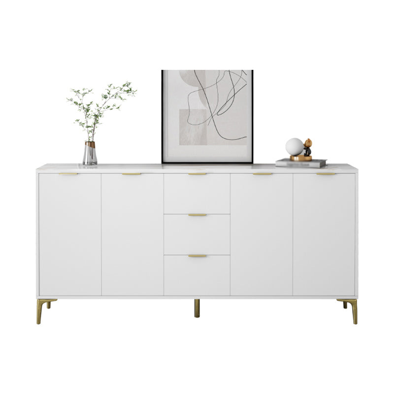 3-Drawer White Wood Sideboard Glam Adjustable Shelving Credenza with Stone for Living Room