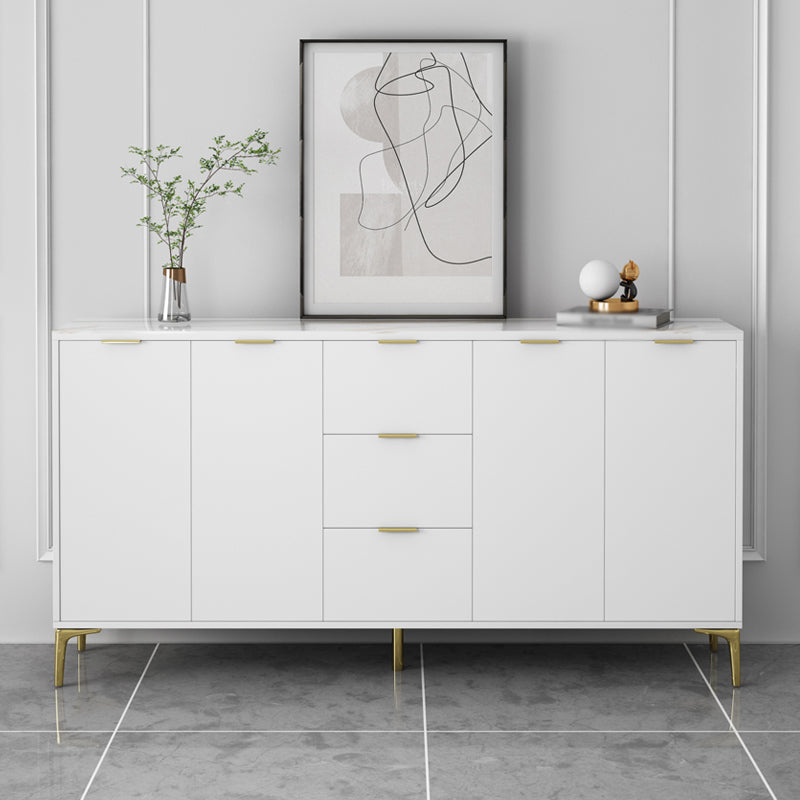 3-Drawer White Wood Sideboard Glam Adjustable Shelving Credenza with Stone for Living Room