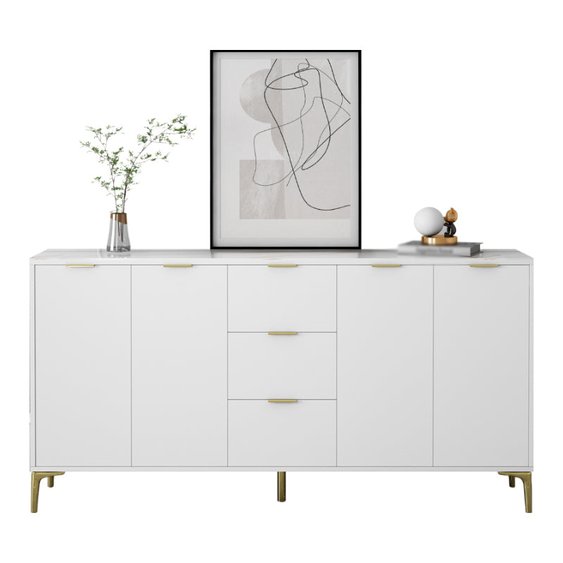 3-Drawer White Wood Sideboard Glam Adjustable Shelving Credenza with Stone for Living Room