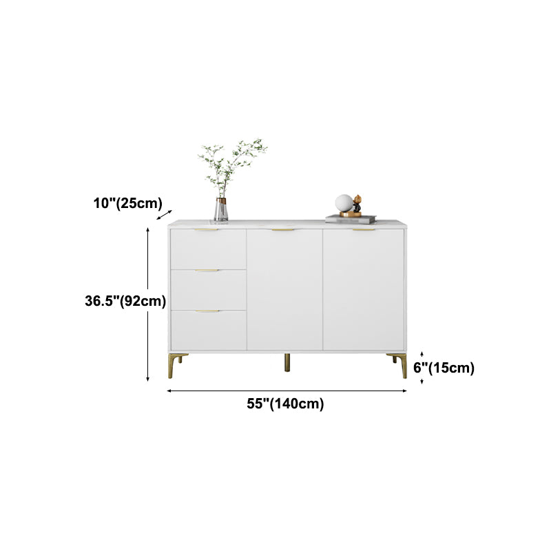 3-Drawer White Wood Sideboard Glam Adjustable Shelving Credenza with Stone for Living Room