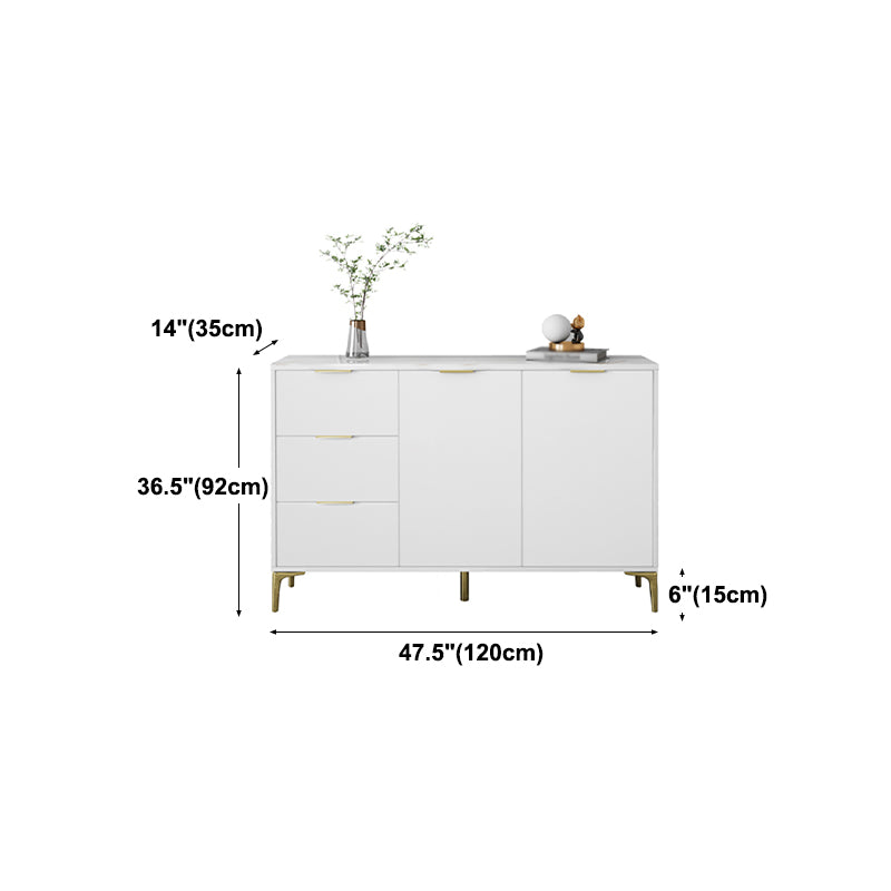 3-Drawer White Wood Sideboard Glam Adjustable Shelving Credenza with Stone for Living Room