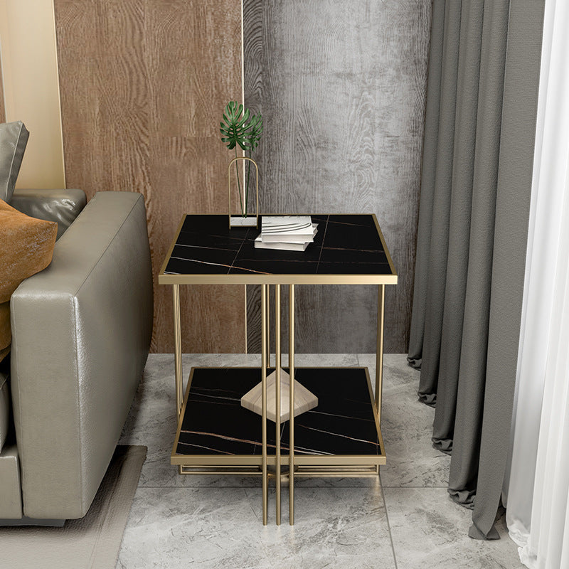 Golden Stone Night Table Glam Bedside Cabinet with 2 Shelves