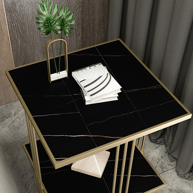 Golden Stone Night Table Glam Bedside Cabinet with 2 Shelves