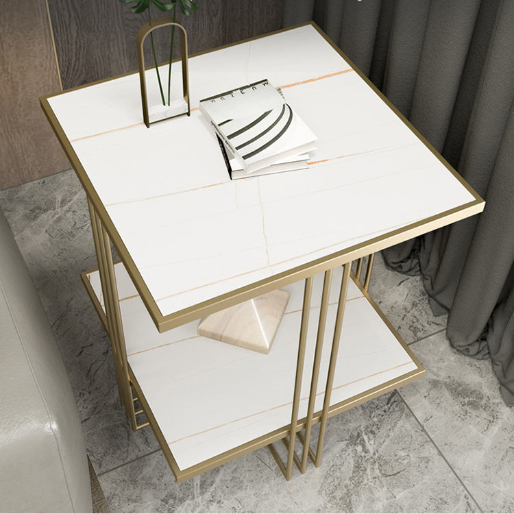 Golden Stone Night Table Glam Bedside Cabinet with 2 Shelves